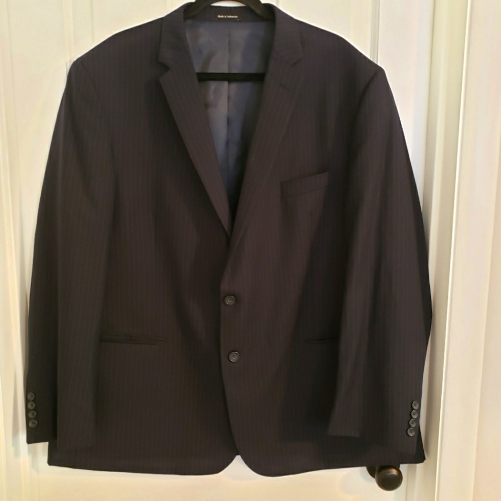 Pronto Uomo Mens Suit Jacket Blazer 48R 100% Wool 2 Button Navy Blue‎ Striped